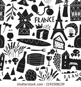 Vector hand drawn France seamless pattern. Travel illustration with french landmarks, food, plants, buildings.