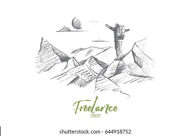 Vector hand drawn Freelance concept sketch. Man tourist with backpack standing at the top of hill and enjoying nature and sun