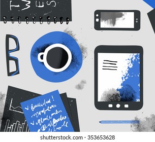 Vector hand drawn freelancer, business mock up, office table card, poster, banner, set. Illustration