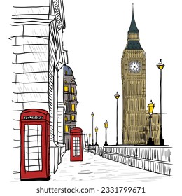 vector hand drawn freestyle colour  landscape of London city