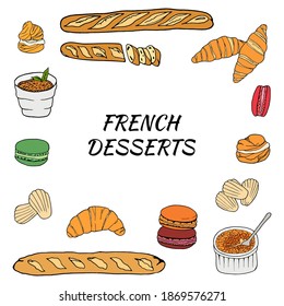 Vector hand drawn of french desserts set with croissant, macaron, creme brulee, madeleine, profiterole, baguette. Design sketch element for menu cafe, bistro, restaurant, bakery and packaging. 