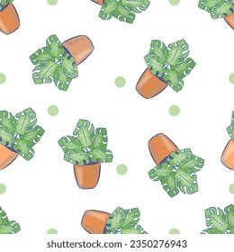 Vector Hand Drawn Fresh Palm Plant in a Pots Seamless Pattern on White Background Hand Drawn Colored Plants in a Pot Vintage Retro Isolated Repeatable Texture  Wrapping Paper  Wallpaper Textile Prints