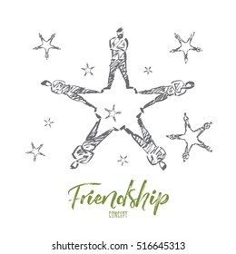 Vector hand drawn friendship concept sketch. People lying on floor and forming stars with their raised legs. Lettering Friendship concept