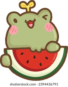 a vector of hand drawn frog eating watermelon