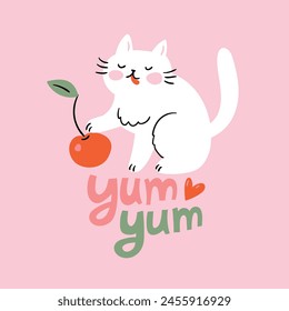 Vector hand drawn fruit card with white cat and lettring - yum yum. Tasty cherry concept for fruit shop.  Cute  licking сat illustration.