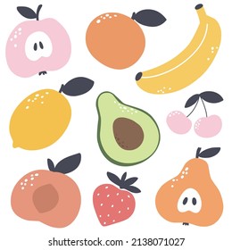 Vector hand drawn fruit collection for kids room decoration. Perfect for prints of clothes, decor, dishes and various decor items for home and school.