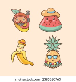 vector hand drawn fruit mango watermelon banana pineapple holiday beach party kawai cute illustration