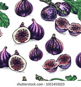 Vector hand drawn fruit pattern. Card with fig.