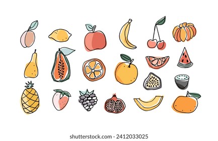 Vector hand drawn fruit set. Watermelon, pineapple, strawberry, lemon, orange , cherry , papaya, mandarin , sketch isolated. Organic vector food. Eco healthy ingredient For poster, banner, coupon