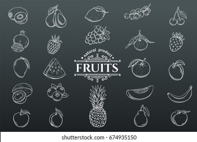 Vector hand drawn fruits icons set. White on black. Decorative retro style collection farm product restaurant menu, market label.