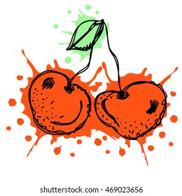 Vector hand drawn fruits illustration of cherry with splash and drop, isolated on the white background. Line drawing, Series of Artistic, Ornamental vector Illustration.