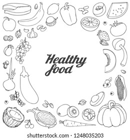Vector hand drawn fruits and vegetables  background with place for text illustration. Sketch doodle set. Various hand-drawn food arranged as circle on a white background. 