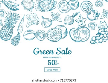 Vector Hand Drawn Fruits And Vegetables Horizontal Sale Background. Green Sale Banner Illustration