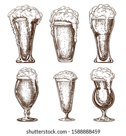 Vector hand drawn full beer glasses with dropping froth. beer mugs illustration in vintage style isolated on white background. various types of beer pints. Great for poster, pub, label, menu design