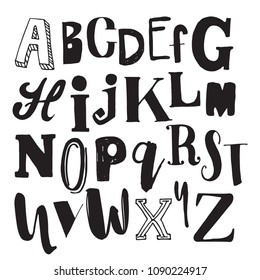 Vector Hand Drawn Funky Artistic and Creative Alphabet. Brush ink inscription for photo overlays, typography greeting card or t-shirt print, flyer, poster design, home decor and for web.