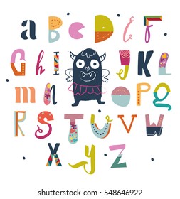 Vector Hand Drawn Funky Artistic and Creative Alphabet. Typeface. Font. Isolated. EPS 10.