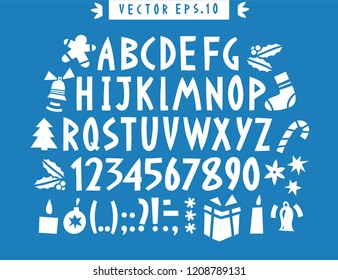 Vector hand drawn funny alphabet. Hand drawn latin letters, numbers and christmas icons. Christmas lettering.