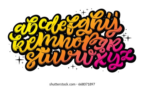 Vector hand drawn funny alphabet isolated on white background. Colorful gradient hipster script font. Vector type.