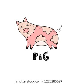 Vector hand drawn funny cute pig girl art. Poster and banner element, children's book illustration, postcard, gift card, print, sticker, label and other. Isolated on white background.