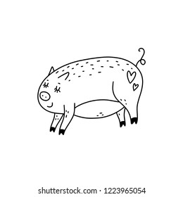 Vector hand drawn funny cute pig girl art. Poster and banner element, children's illustration for coloring book, postcard, gift card, print, sticker, label and other. Isolated on white background.