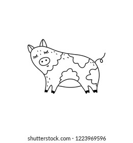 Vector hand drawn funny cute pig girl art. Poster and banner element, children's illustration for coloring book, print, sticker, label and other. Isolated on white background.