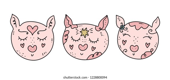 Vector hand drawn funny cute different pigs illustrations set. Poster and banner elements, children's book illustrations, prints, stickers and other. Isolated on white background.