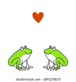 Ranas divertidas dibujadas a mano vectora en el amor mirando el corazón rojo. Doodle de contorno aislado en fondo blanco. Ilustración de San Valentín.