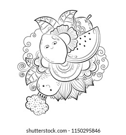 Vector hand drawn funny, happy vegetables, fruits and berries illustration for adult coloring book. Freehand sketch for adult anti stress coloring book page with doodle and zentangle elements.