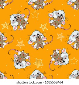 Vector  hand drawn funny happy mice seamless pattern.  Mouse, stars and 
cheese For FABRIC, stickers collection, congratulation cards, prints. - Vector