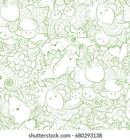 Vector hand drawn funny, happy vegetables, fruits and berries illustration for adult coloring book. Freehand sketch for adult anti stress coloring book page with doodle and zentangle elements
