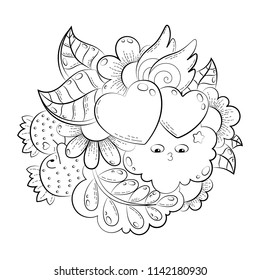 Vector hand drawn funny heart, cat, bird, sweet, cloud, balloon, butterfly illustration for adult coloring book. Sketch for adult anti stress coloring book page with doodle and zentangle elements.