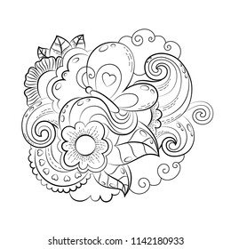 Vector hand drawn funny heart, cat, bird, sweet, cloud, balloon, butterfly illustration for adult coloring book. Sketch for adult anti stress coloring book page with doodle and zentangle elements.