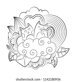 Vector hand drawn funny heart, cat, bird, sweet, cloud, balloon, butterfly illustration for adult coloring book. Sketch for adult anti stress coloring book page with doodle and zentangle elements.