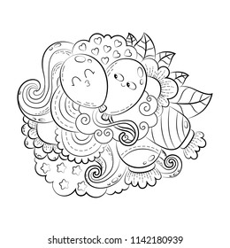 Vector hand drawn funny heart, cat, bird, sweet, cloud, balloon, butterfly illustration for adult coloring book. Sketch for adult anti stress coloring book page with doodle and zentangle elements.