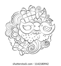 Vector hand drawn funny heart, cat, bird, sweet, cloud, balloon, butterfly illustration for adult coloring book. Sketch for adult anti stress coloring book page with doodle and zentangle elements.