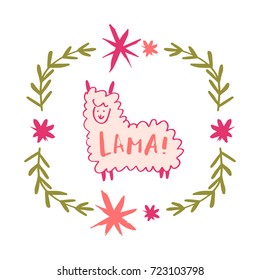 Vector hand drawn funny lama illustration. Poster, postcard, print, sticker, label and other.