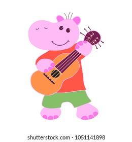 Vector hand drawn funny pink hippo playing the guitar or ukulele