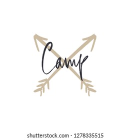 Vector hand drawn funny stylish hipster camp logo. Wild nature. Clipart, isolated vector sign.