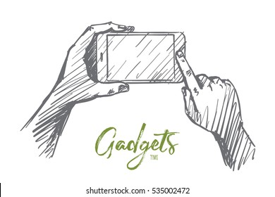 Vector hand drawn gadgets time concept sketch. Lettering Gadgets time