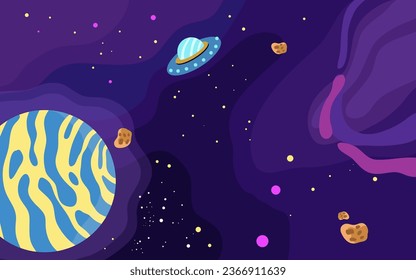 vector hand drawn galaxy background with planet star and asteroids