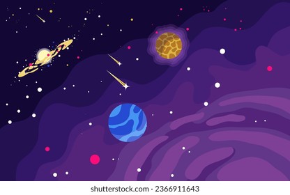vector hand drawn galaxy background with planet star and asteroids