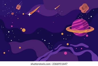 vector hand drawn galaxy background with planet star and asteroids