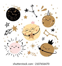 Vector hand drawn galaxy doodle style collection. Boho modern trend. Planets, sun, rainbow, stars