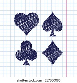 Vector hand drawn game casino cards suit icon on copybook 