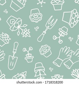Vector Hand Drawn Garden Accessories Lineart sobre el fondo de un patrón ininterrumpido.