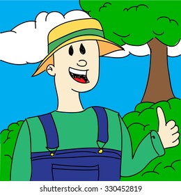 Vector hand drawn gardener showing thumbs up.