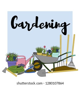 Vector hand drawn gardening banners with tools, plants, flowers, cutter, cart, watering can, shovel, rake and lettering phrase gardening. Conceptual of Gardening