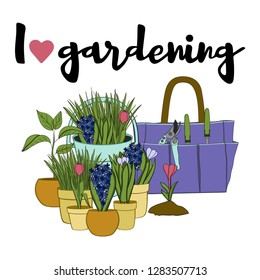 Vector hand drawn gardening banners with tools, plants, flowers, cutter, shovel, rake and lettering phrase I love gardening. Conceptual of Gardening