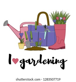 Vector hand drawn gardening banners with tools, plants, flowers, rubber boots, cutter, shovel, rake and lettering phrase I love gardening. Conceptual of Gardening