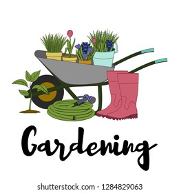 Vector hand drawn gardening banners with tools, plants, flowers, rubber boots, cart, watering can and lettering phrase. Conceptual of Gardening